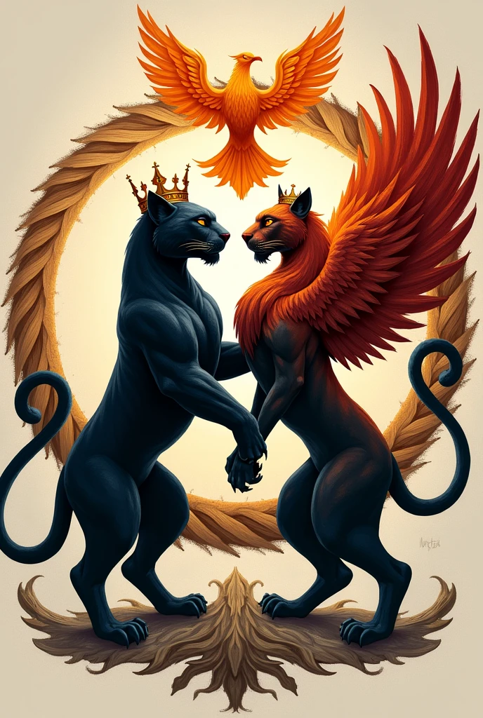 Coat of arms. A thin circle wrapped with streaks on the side. One seeming darker than the other. In the middle a black panther is standing on his back paws reaching in the air, while a phoenix flies over him. The phoenix’s  gaze is dropped to the panther both holding eye contact while wearing the royal crown each. One black panther in the ground and a fired coloured phoenix in the air
