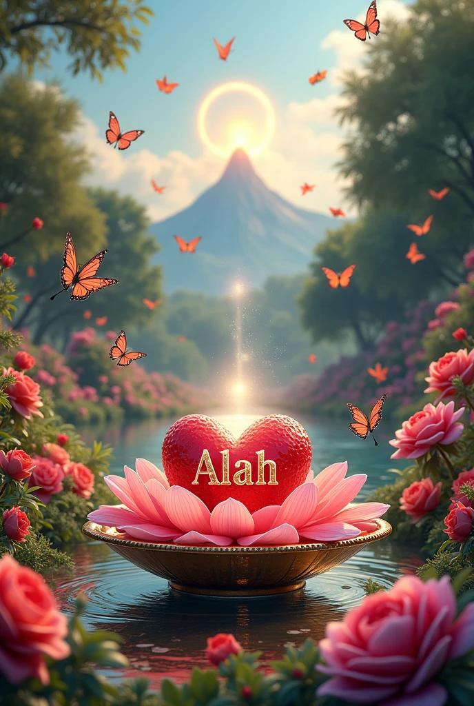 A breathtaking and enchanting garden scene, teeming with vibrant, colorful flowers that create a mesmerizing array of hues. Flowing fountains serenely cascade water, while lush greenery provides a lush, soothing backdrop. At the heart of this idyllic paradise, a tender human heart wrapped in delicate flower petals lies in a golden saucer, emitting a divine, ethereal glow. This heart bears the name (((Allah))), symbolizing the divine presence and harmony within this mystical garden. The air is filled with gracefully fluttering colorful birds and butterflies, adding a touch of whimsy and wonder. In the distance, a majestic mountain rises, its peak adorned with a halo of light reaching towards the heavens, signifying the connection between earth and sky. This scene encapsulate