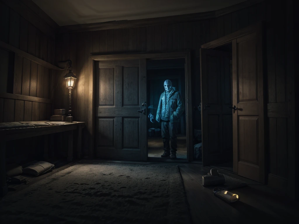 (3 Men:1, no light, no lamps, Moonlight from the window, Dark room:1), various positions in the room, one at the back by the door, in the middle a man with a walkie talkie, Flashlight in hand, Flashlight illuminates the room, Ghost Hunt, (evil spirit of a deceased person very blurred in the background, ghost to recognize in the photo), (design from the game Phasmophobia, items from the game Phasmophobia), old wooden house, Photo taken from a digital camera, amateur photo, blue filter