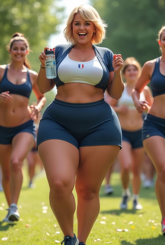 Realistic style and real women, she is Blonde with short hair, she has an hourglass figure, she has a surreal, hentai-like physique, with exaggerated curves that showcase large buttocks and voluminous breasts and she is slim
Outdoor park at a sporting event
Energetic woman wearing a French team jersey with emblematic logo and colors
Sports shorts and comfortable sneakers
Training with friends, doing group exercises such as squats and stretching
Radiant smile, with a positive, motivating attitude
Festive atmosphere, lively music in the background, laughter and encouragement all around
Water bottle close at hand, keeping her hydrated while chatting with her comrades
Contagious energy, inspiring others to join her for an outdoor fitness session
A celebration of team spirit and passion for sport, while proudly wearing her country's colors.