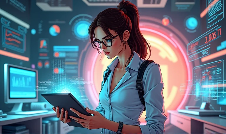 Female data analyst with cutting-edge tablet working with huge amounts of data, data holograms around her, technologically advanced, cartoon style, futuristic style, bright, 3D style, warm color scheme