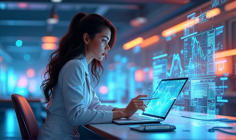 Female data analyst with cutting-edge tablet working with huge amounts of data, data holograms around her, technologically advanced, cartoon style, futuristic style, bright, 3D style, warm color scheme