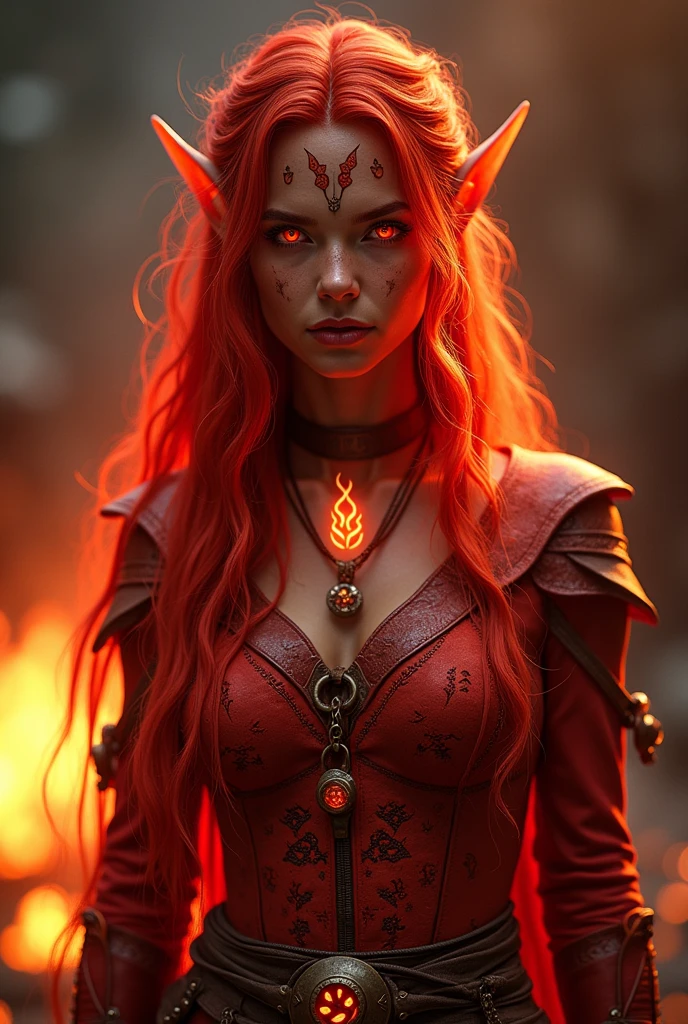 A highly realistic depiction of a fire elf with a striking red appearance. Her entire body is a deep, fiery red, including her glowing red eyes and flowing red hair that resembles flames. Intricate, glowing runes are etched into her skin, radiating a warm light. She is dressed in a detailed, red elven explorer outfit made of leather and fabric, designed for both agility and protection. The outfit features elaborate patterns and magical symbols, highlighting her mystical nature. The setting is subtly illuminated by embers, with warm, realistic lighting accentuating her powerful and otherworldly presence.
