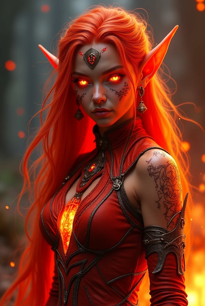 A highly realistic depiction of a fire elf with a striking red appearance. Her entire body is a deep, fiery red, including her glowing red eyes and flowing red hair that resembles flames. Intricate, glowing runes are etched into her skin, radiating a warm light. She is dressed in a detailed, red elven explorer outfit made of leather and fabric, designed for both agility and protection. The outfit features elaborate patterns and magical symbols, highlighting her mystical nature. The setting is subtly illuminated by embers, with warm, realistic lighting accentuating her powerful and otherworldly presence.