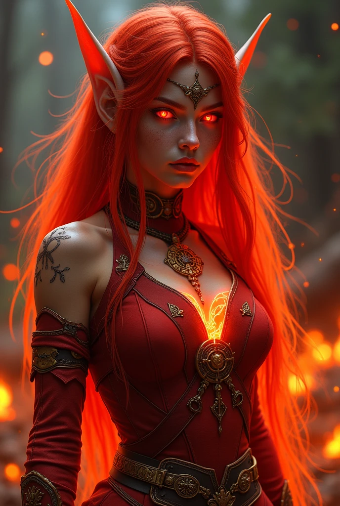 A highly realistic depiction of a fire elf with a striking red appearance. Her entire body is a deep, fiery red, including her glowing red eyes and flowing red hair that resembles flames. Intricate, glowing runes are etched into her skin, radiating a warm light. She is dressed in a detailed, red elven explorer outfit made of leather and fabric, designed for both agility and protection. The outfit features elaborate patterns and magical symbols, highlighting her mystical nature. The setting is subtly illuminated by embers, with warm, realistic lighting accentuating her powerful and otherworldly presence.