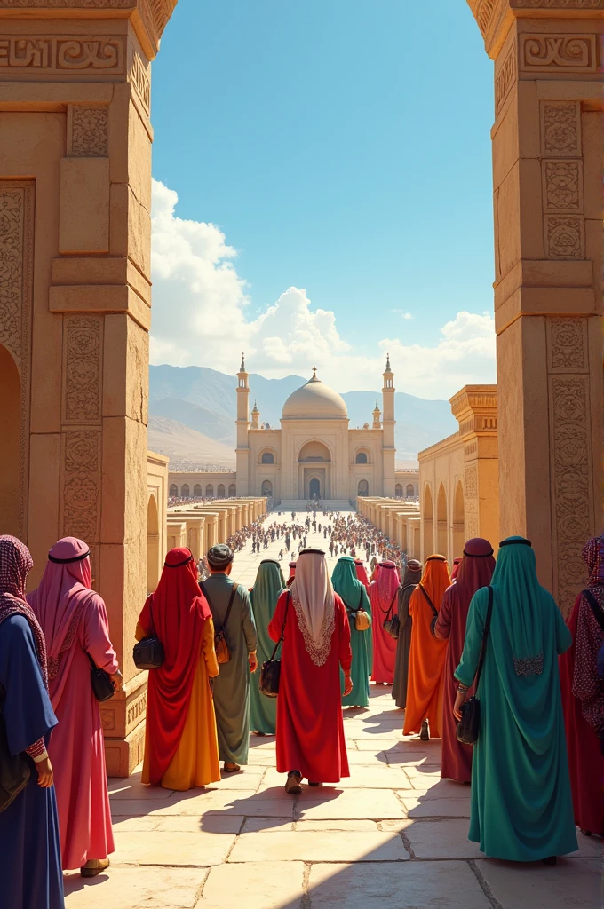 
"A picture of Arab travelers exploring the beauty of Iran, with a background of historical attractions like Persepolis or Naqsh-e Jahan Square. The travelers, dressed in traditional Arab clothing, are happily taking photos and enjoying the culture and hospitality of the Iranians."
