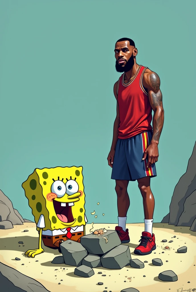 Spongebob eats rocks in front of Lebron James