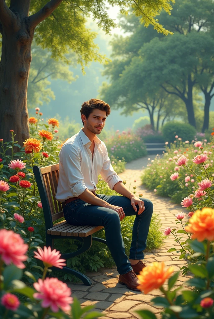 Garden heaven
Handsome boy sit bench under the blooming flowers