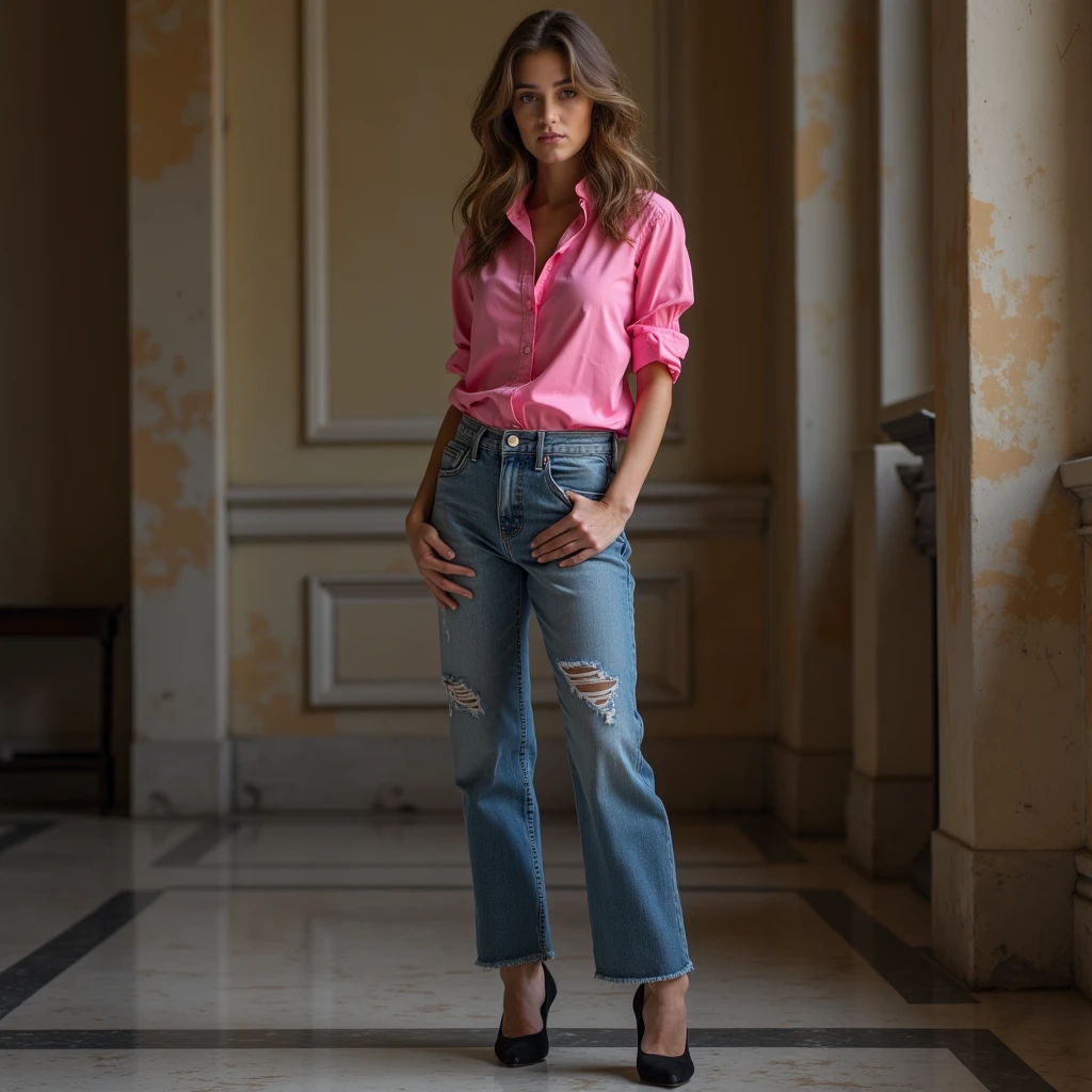 a young italian women, wearing a pink shirt, a blue jean and black heels, underlines her huge breast, wasp waist, full body, studies history of art, successful among men, very sensual and seductive as fuck, sex appeal maximum, seems a bit naughty