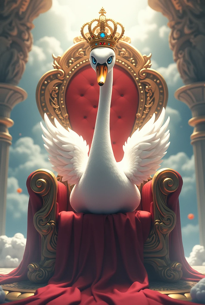 A king swan sitting on a throne with a crown, 3D anime style