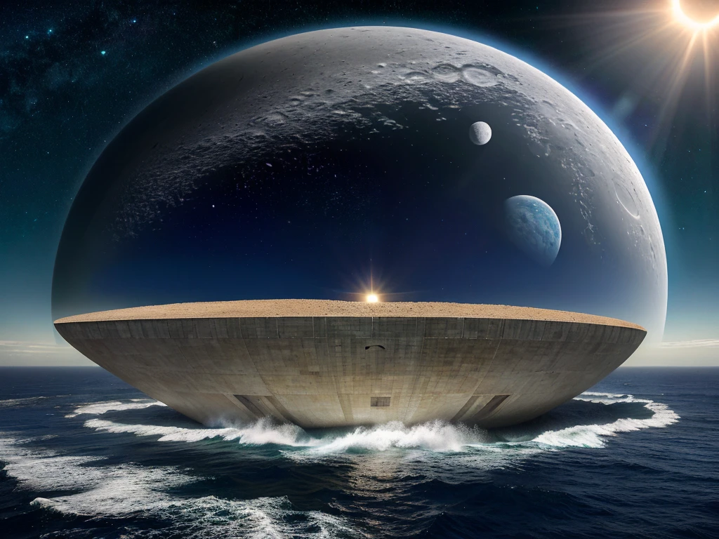 With digital art, 4k, 8k, create the Sumerian vision of the planet and the cosmos. His vision was like this: The earth was a flat disk (in the center of the disk is the land of Sumer with its cities and its great ziggurats, on the edges of this disk there was desert), surrounding the disk, the ocean, below the ocean and the disk, the underworld, above the disk and the ocean, the celestial dome or the sky, with the sun, the moon and the stars. The underworld and the sky would make a sphere, with the disk and the ocean in the center. Outside of this, the universe with its galaxies and its laganas stars.
