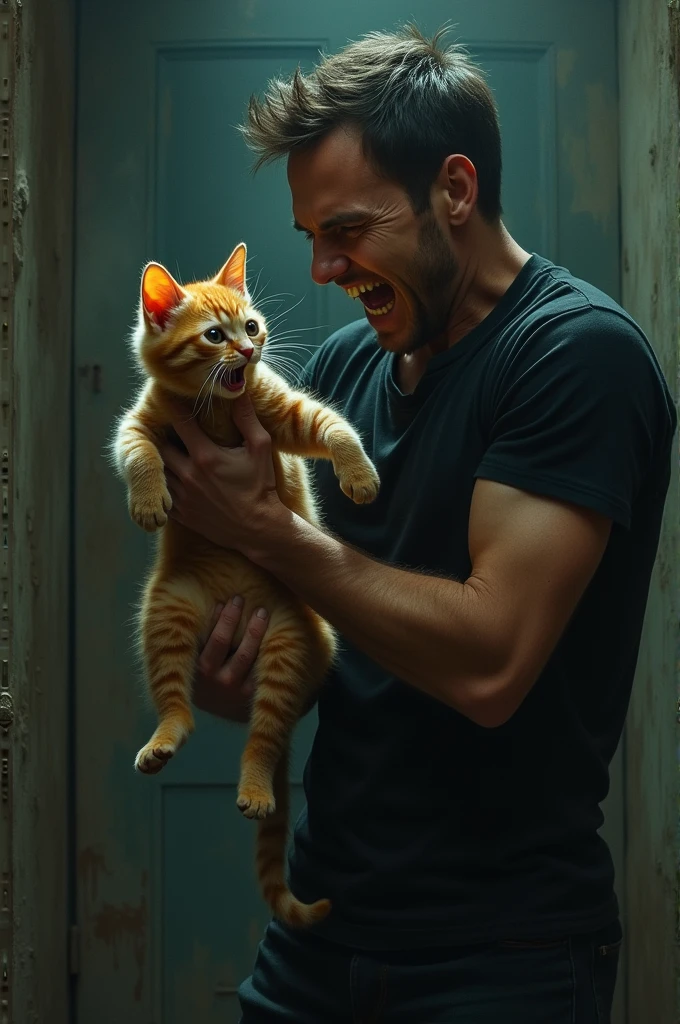 A creepy, handsome man wearing a black shirt and pants is laughing as he holds a ginger kitten. He is in the process of putting the frightened kitten into a trash bin, creating a distressing and unsettling scene."