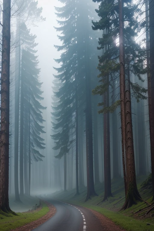 Heavy fog, In the forest, Can't see the road, best quality，