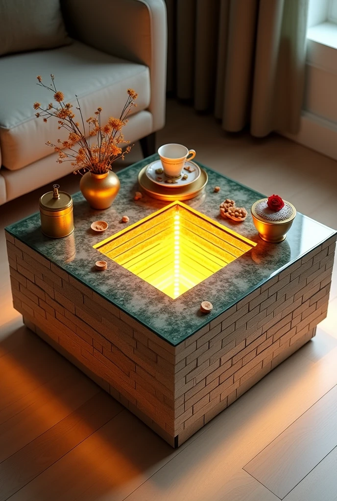 A small square coffee table, handcrafted, features a two-way mirrored glass surface that reflects a stunning visual effect inside, resembling a bottomless tunnel well, an endless ladder illuminated from within by a dim yellow LED light.. The sides are covered with brick wallpaper that simulates the look of 3D textured wallpaper.. The table is decorated with simple decorations such as golden pedestals, small flowers, a cake and nuts, and contains a red rose and a tea cup. . The table is placed on a light-colored wooden floor.. The table design combines simplicity and elegance with a touch of modernity, making it a distinctive piece of art in any room or living room.