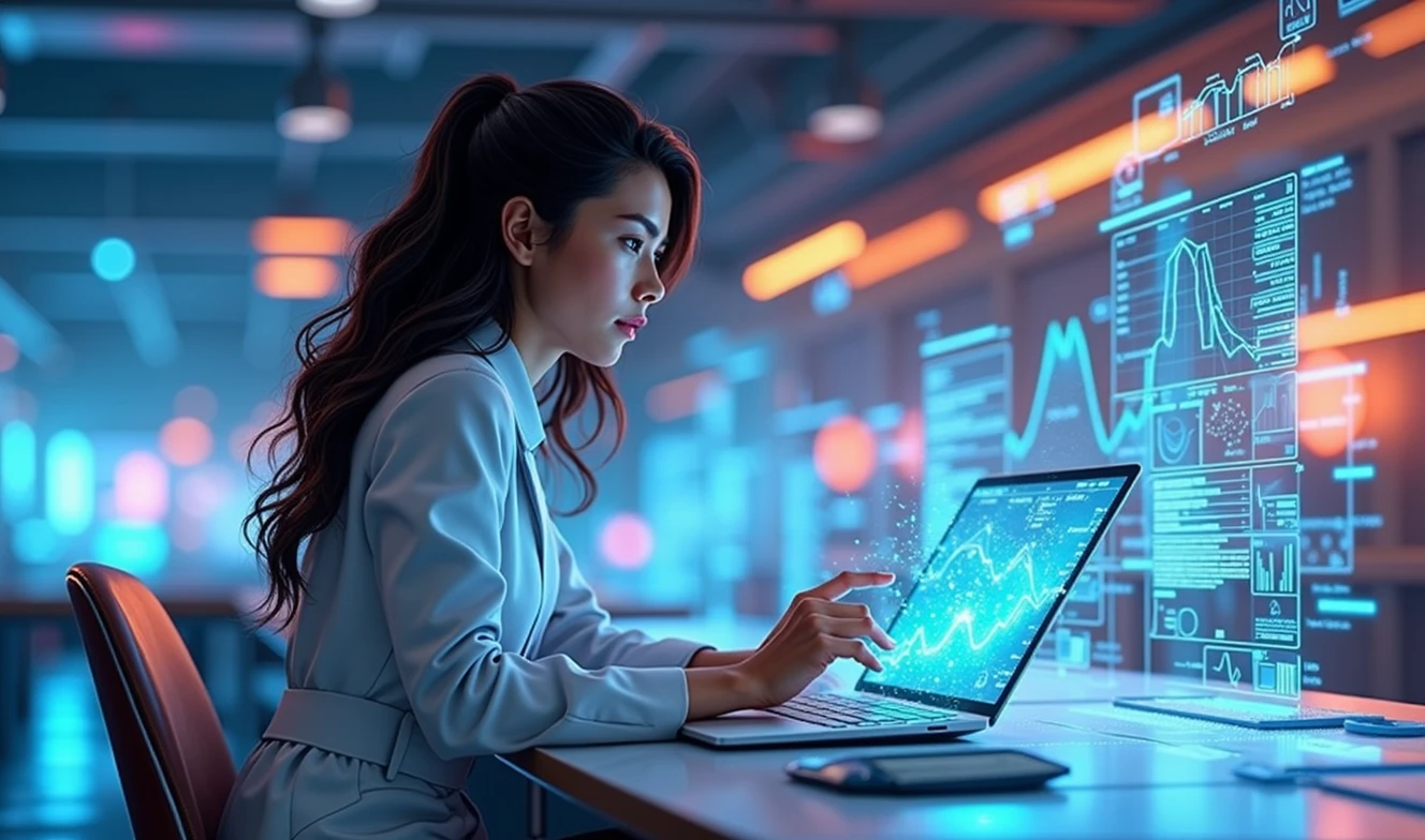 Female data analyst with cutting-edge tablet working with huge amounts of data, data holograms around her, technologically advanced, cartoon style, futuristic style, bright, 3D style, warm color scheme 