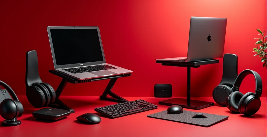 i am making a website i need image for my slider it is a laptop shop so picture with laptop accessories etc with some red theme and also writen Tawakul Traders as text