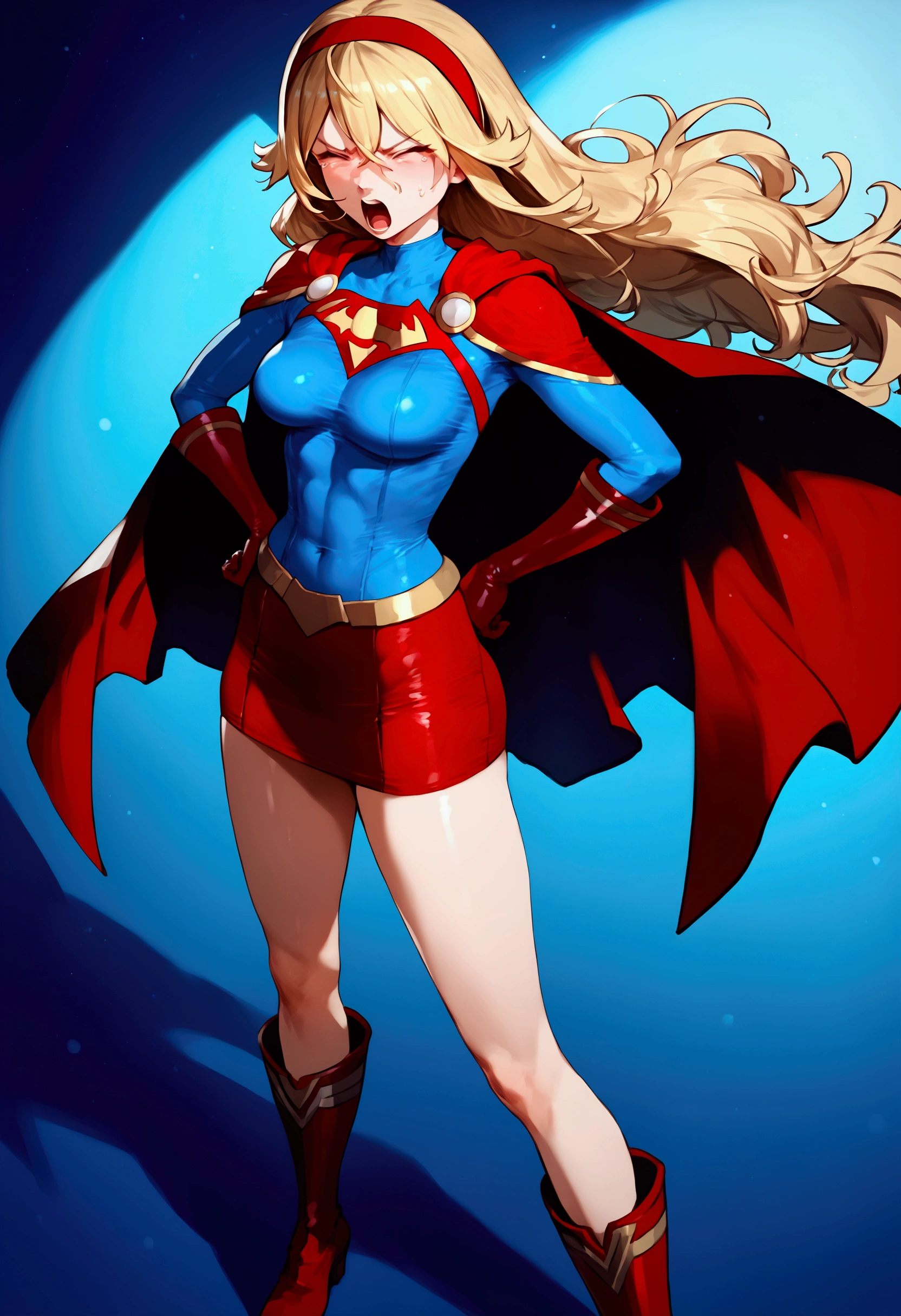 score_9, score_8_up, score_7_up, source_anime, ((((closed eyes, open mouth)))), standing, hand on own hip, ((((1girl,short stature)))), (slender body:1.4), (long hair),blonde hair, ((((midium breasts)))), pale skin,shiny skin, ((She wears solid shirt, blue long sleeve shirt, red skirt, red gloves, red hairband, superhero, cape, red boots)), ((((screaming, horrified, scared)))),