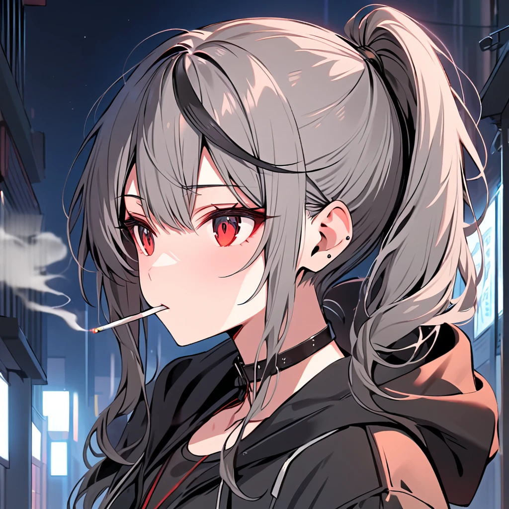 good looking, alone, 1 female, ponytail, Black hair with smoky grey tips, Red eyes, Black Shirt, Black and white hooded, smoking, night, Black light