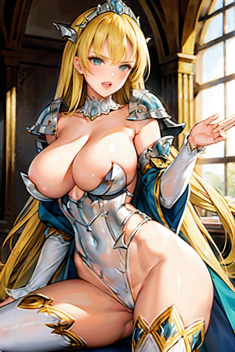 (Masterpiece), (1girl), (Cinderella Queen's Blade), (bikini armor), (blonde hair), (white thighhighs, stiletto heels, very long hair, huge breasts, highleg leotard, (((green eyes))), cleavage, flipped hair, showgirl skirt, blue shoulder armor, breastplate), (cowboy shot), smile, gleaming skin, oil skin, shiny skin, wet skin, sweat, white frill sleeves, perfect eyes, shiny eyes, deep detailed eyes, fair skin, sexy, antique chair, throne, sitting, breasts focus, castle room background,