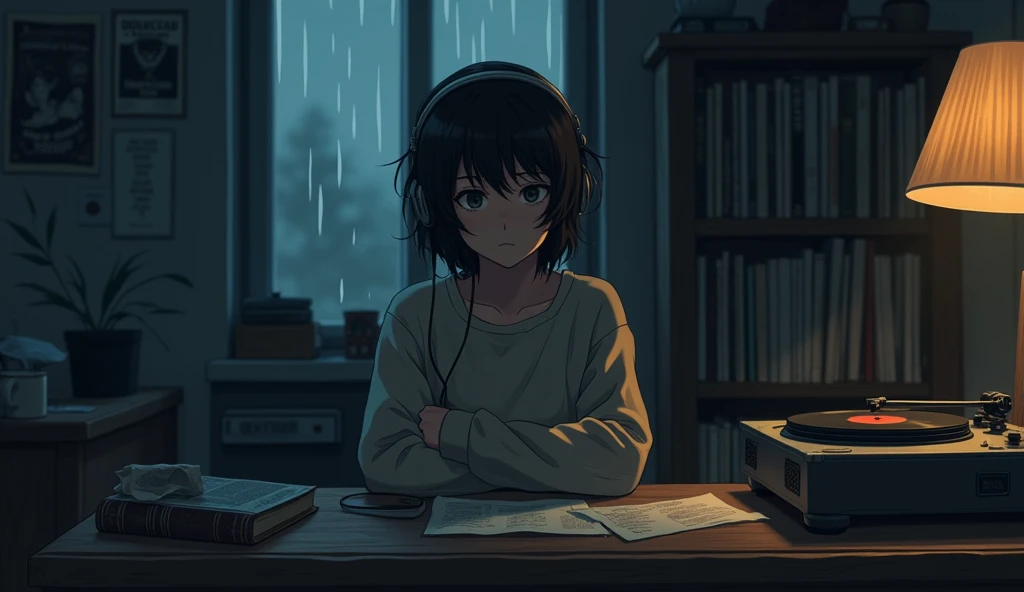 night、Listen to music in a cozy room, Use headphones, 2D Anime Style, Lo-Fi, hard disk, Dark Environment、Emo、It&#39;s raining outside、LoFi、Listless