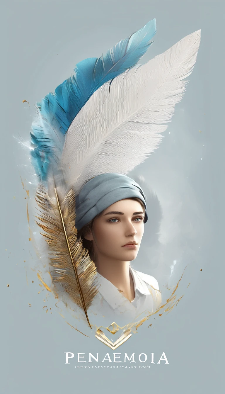 Create a cinematic, abstract symbol for a storytelling production brand based on stories and dreams called " Penamemoria". The logo should convey a fantasy theme and include the company of a boy and a feather. Fantastic, memorable, poetic, dreamy, sitting against a tree and playing guitar to a fantastic, unique, poetic white-blue-golden feather.