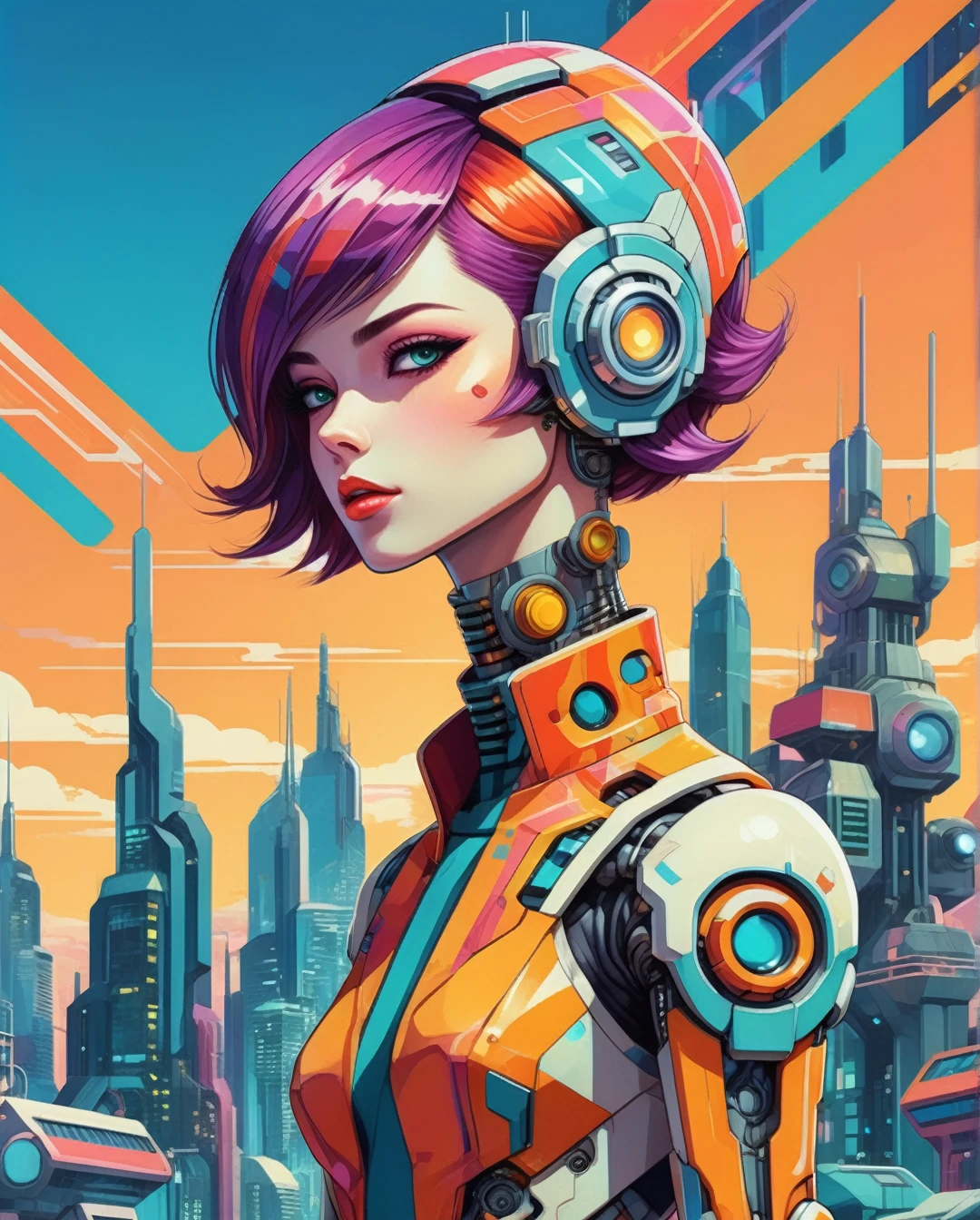 Design a vibrant anime-style portrait of a cyborg character that fuses retro chic elements with contemporary flair. The character has a sleek, robotic arm and a vintage hairstyle, wearing a 1960s-inspired outfit with bold geometric patterns. The background is a mix of retro colors and futuristic cityscapes, creating a dynamic contrast between past and future.