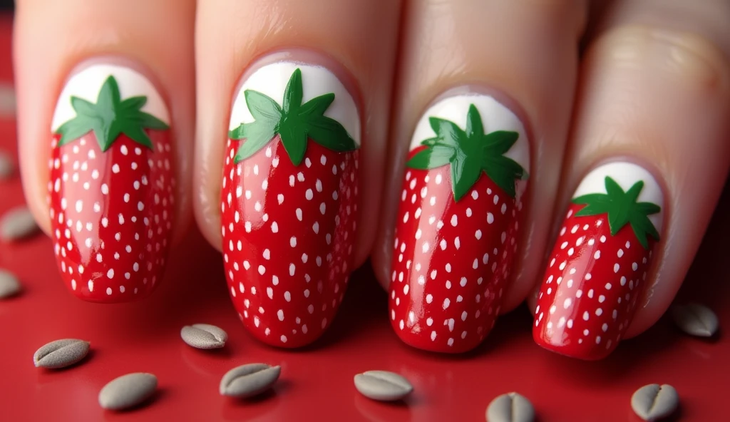 Strawberry Fields Nail Art: Turn your nails into a strawberry patch with this creative design. Each nail features a large, detailed strawberry in the center, complete with seeds and a green leafy top. The background is a deep red hue with tiny, scattered seeds to mimic the strawberry skin, creating a cohesive and rich design. For added dimension, the green leaves can extend slightly beyond the nail tips, creating a playful and realistic effect.