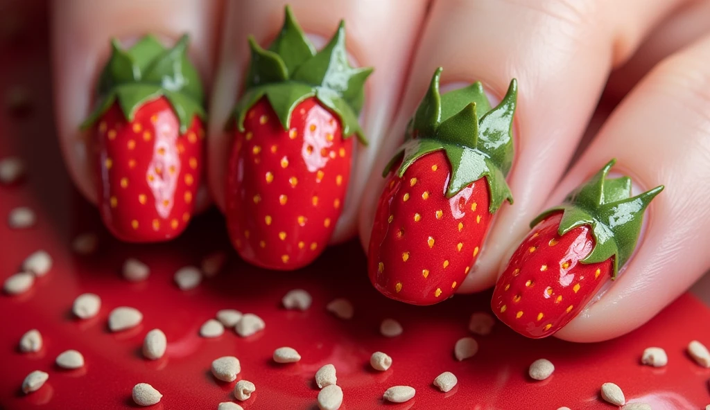 Strawberry Fields Nail Art: Turn your nails into a strawberry patch with this creative design. Each nail features a large, detailed strawberry in the center, complete with seeds and a green leafy top. The background is a deep red hue with tiny, scattered seeds to mimic the strawberry skin, creating a cohesive and rich design. For added dimension, the green leaves can extend slightly beyond the nail tips, creating a playful and realistic effect.