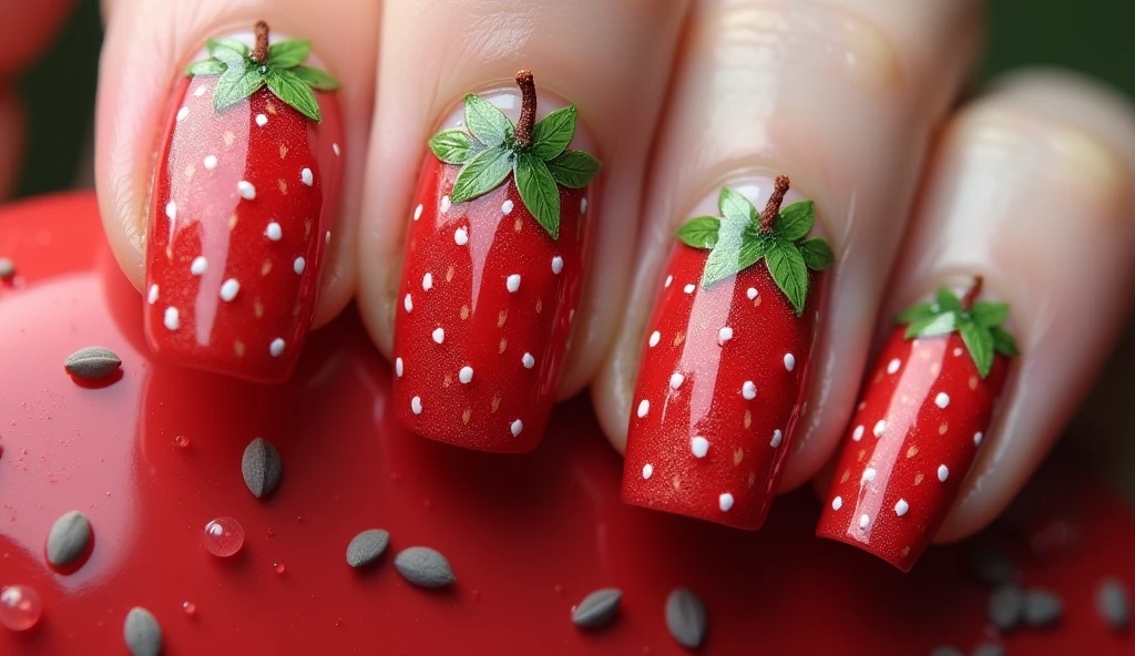 Strawberry Fields Nail Art: Turn your nails into a strawberry patch with this creative design. Each nail features a large, detailed strawberry in the center, complete with seeds and a green leafy top. The background is a deep red hue with tiny, scattered seeds to mimic the strawberry skin, creating a cohesive and rich design. For added dimension, the green leaves can extend slightly beyond the nail tips, creating a playful and realistic effect.









