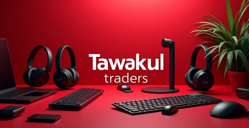i am making a website i need image for my slider it is a laptop shop so picture with laptop accessories etc with some red theme and also writen Tawakul Traders as text also write text tawakul traders on it
