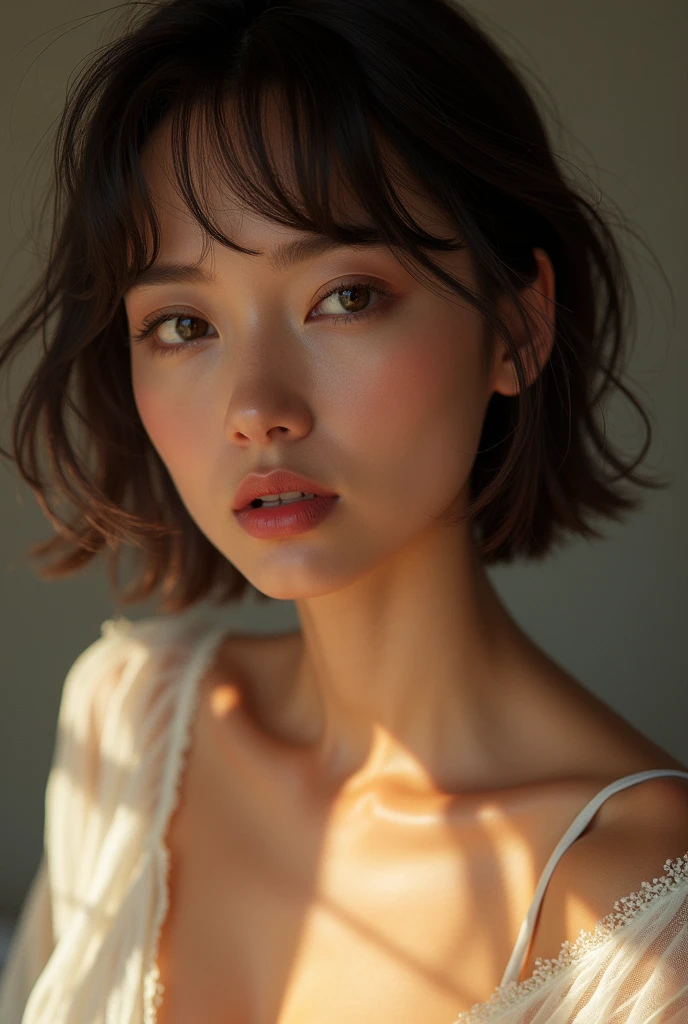 (naked woman), (Maximum quality), (Ultra-Precision CG16K Wallpaper), (masterpiece), (Super detailed), (super extreme details), (mature woman), (38 year old woman), (very beautiful face), (short straight hair:1.3), (hair with bangs), (Dark brown hair), (beautiful delicate eyes), (Brown eyes), (arched eyebrows), (High nose), (small mouth), (seductive lips), (beautiful breasts), (Breasts cup size C), (perfect proportions), (perfect anatomy), (perfect composition), (beautiful detailed shading), (beautiful natural lighting), (Beautiful detail shines), (Depth of written limits), (high quaver), (real:1.9), (vivid:1.5), (Should:1.6), (beautiful skin), (skin texture), (airtight:1.5), (shy smile:1.5), (eyes looking at me:1.5), (day bedroom), (natural light)