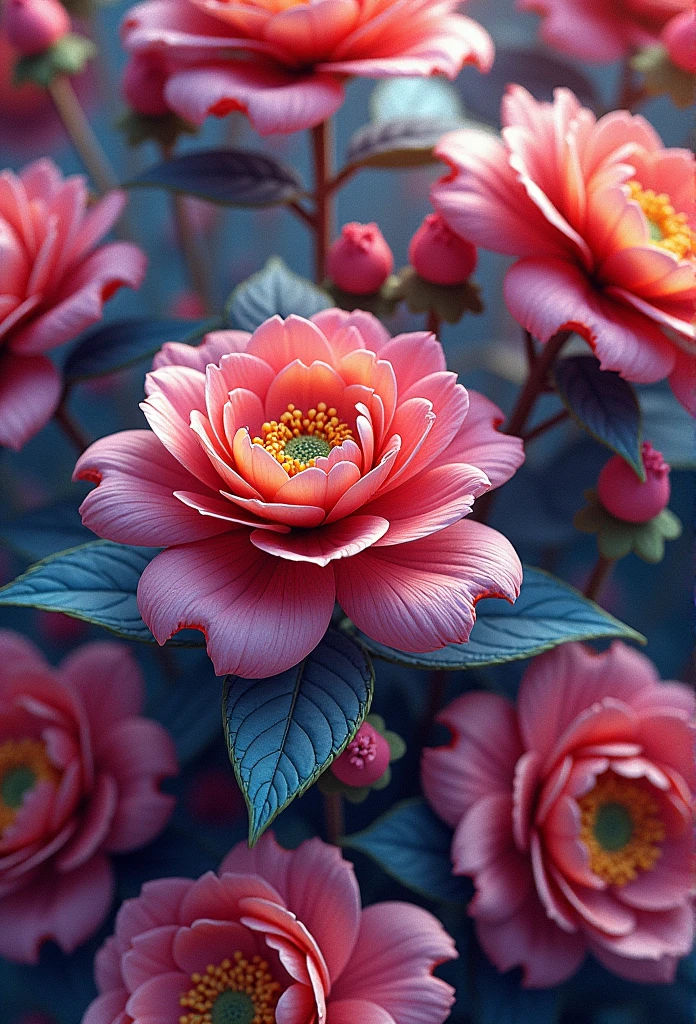 Beautiful repeating floral pattern in a jewel tone, the 3 d effect, Hyper-photorealism , Pinterest, Hex code color is 5ABCB9, 63E2C6, FB6376, 613F75, Only 0C6291, flow, wallpaper, artistic