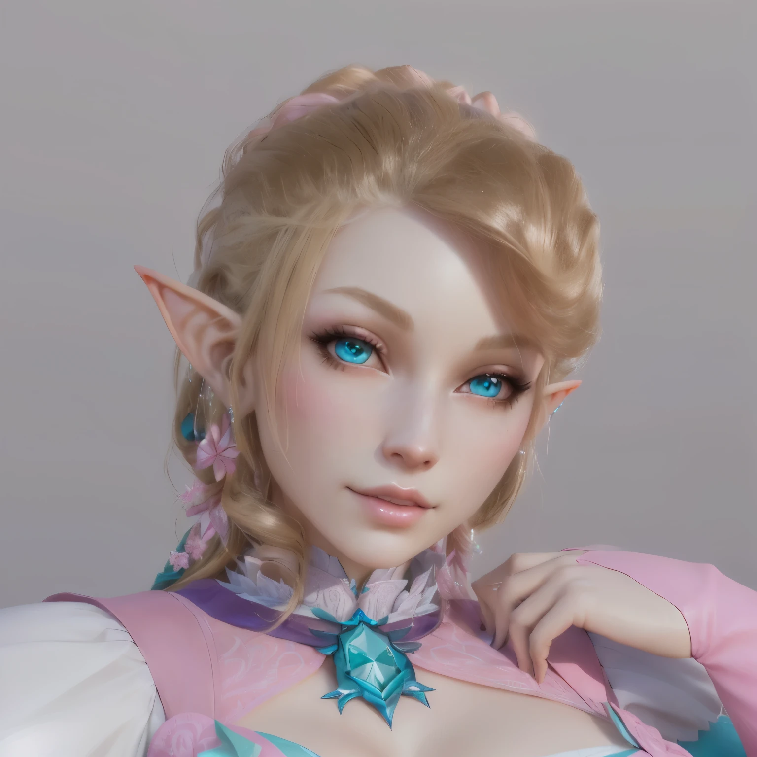 There is a 3D image of a woman wearing a pink dress.。, Ultra-detailed fantasy characters, Pink pigtails and cyan eyes, Shiny skin, Elf Princess, Close-up Character, (((gone crazy))) Elf Princess, elven character with smirk, Character close-up, Urop, Reusch and Klump style, Princess Zelda portrait, Daz3d