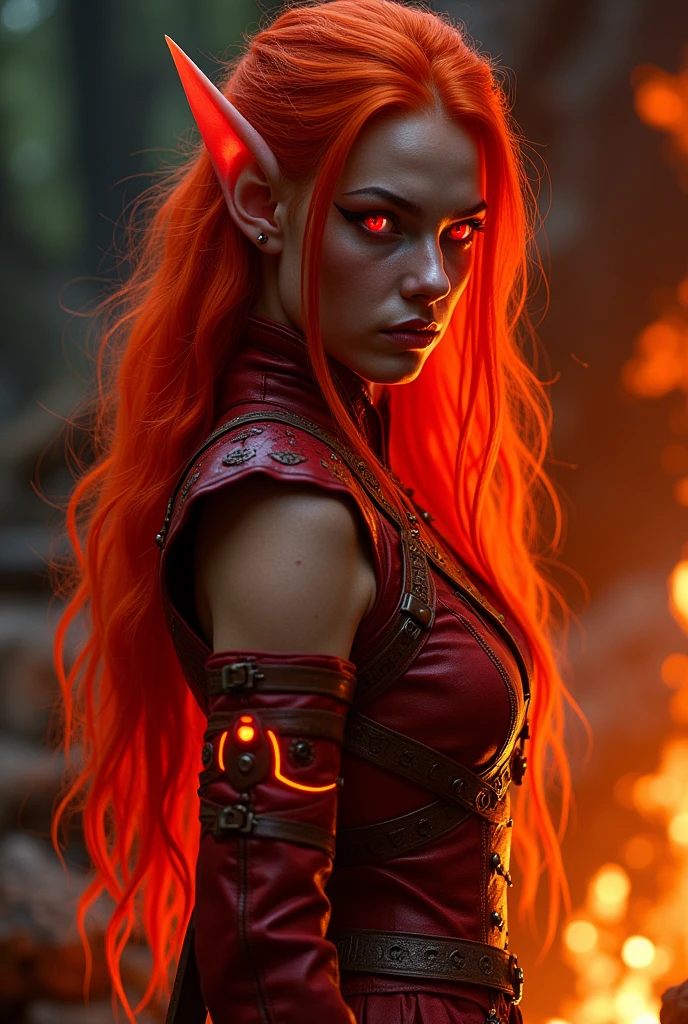 A lifelike portrayal of a fire elf with a completely red complexion, including intense red eyes and fiery red hair that cascades down like flames. Her skin is adorned with glowing runes that pulse with energy, creating a magical aura. She wears a meticulously crafted red elven explorer outfit, blending sleek leather and enchanted fabrics, designed for both stealth and protection. The outfit is detailed with intricate patterns and mystical symbols. The scene is lit with a warm, realistic glow, highlighting the elf’s fierce and ethereal nature in a dimly lit, ember-filled environment.