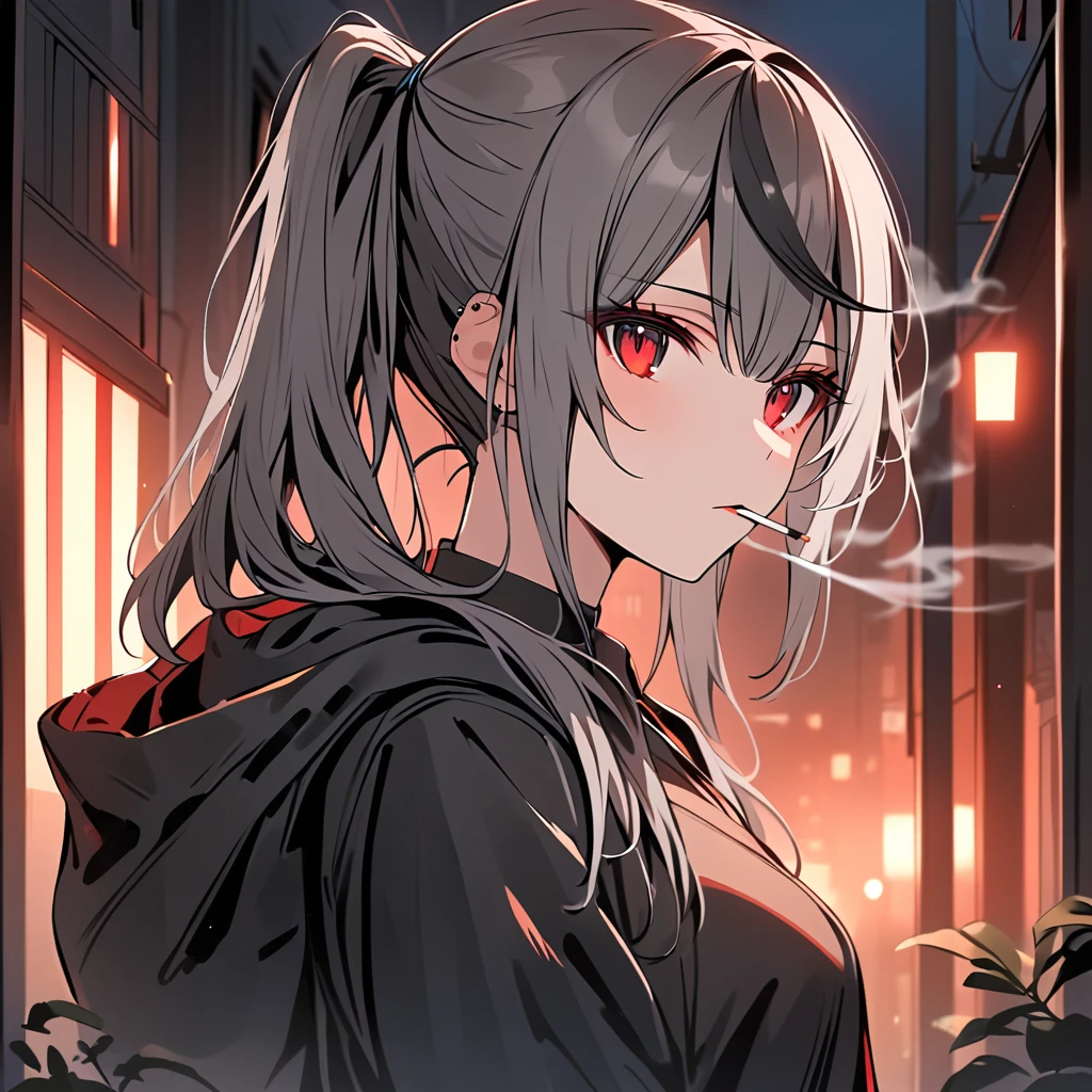 good looking, alone, 1 female, ponytail, Black hair with smoky grey tips, Red eyes, Black Shirt, Black and white hooded, smoking, night, Black light