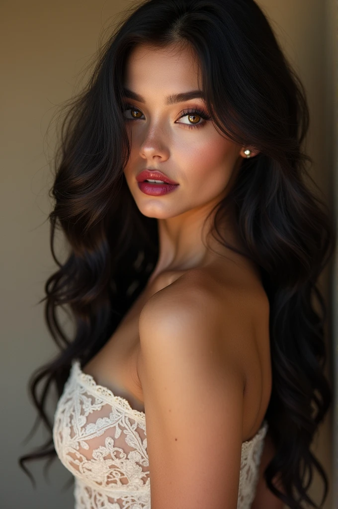 Female .31 yr old. 5'3 height. Long wavy raven hair reaching till butt. Hazel eyes with golden flecks on the middle and red plum lips. Pale and a bit rosy complexion. Enormous breast. Small waist, wide hips, thick thighs and curvy bubble butt. Really feminine and beautiful.