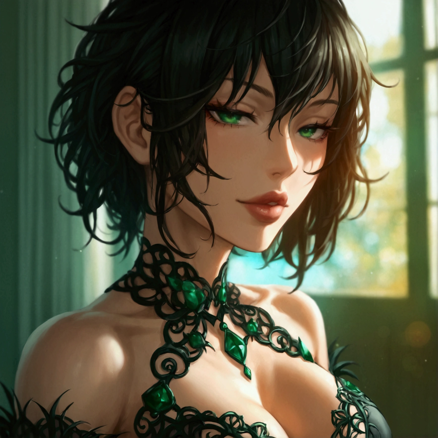 Intricate details, 1 female, Fubuki, sexy face, fully lidded eyes, green eyes, puckered lips, slim/toned body, toned abs, perfect firm breasts, skin tight clothes, black gown