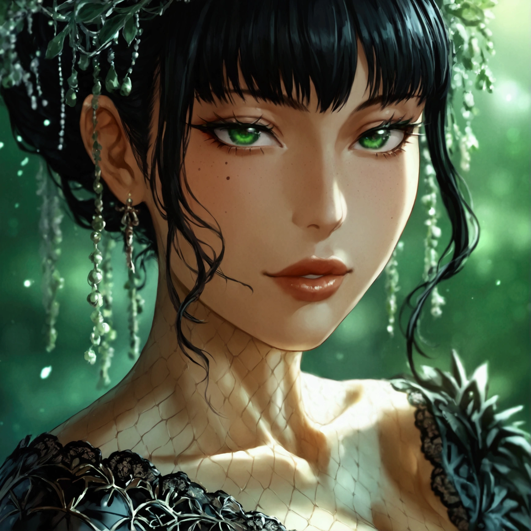 Intricate details, 1 female, Fubuki, sexy face, fully lidded eyes, green eyes, puckered lips, slim/toned body, toned abs, perfect firm breasts, skin tight clothes, black gown