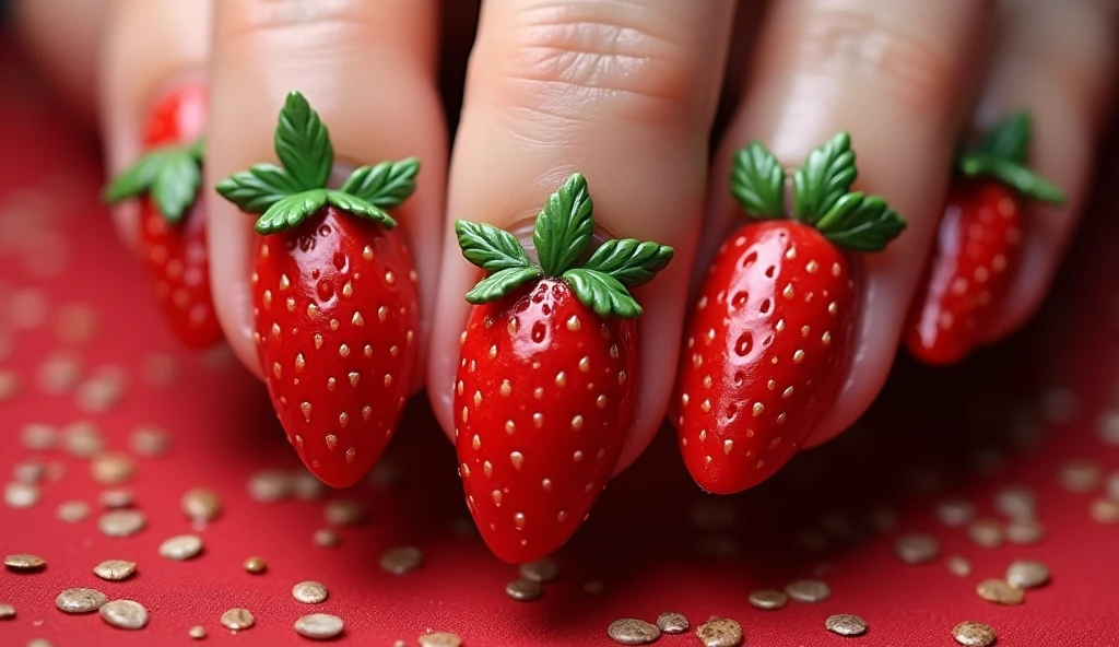 Strawberry Fields Nail Art: Turn your nails into a strawberry patch with this creative design. Each nail features a large, detailed strawberry in the center, complete with seeds and a green leafy top. The background is a deep red hue with tiny, scattered seeds to mimic the strawberry skin, creating a cohesive and rich design. For added dimension, the green leaves can extend slightly beyond the nail tips, creating a playful and realistic effect.









