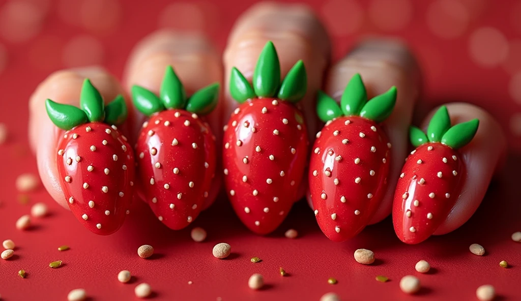 Strawberry Fields Nail Art: Turn your nails into a strawberry patch with this creative design. Each nail features a large, detailed strawberry in the center, complete with seeds and a green leafy top. The background is a deep red hue with tiny, scattered seeds to mimic the strawberry skin, creating a cohesive and rich design. For added dimension, the green leaves can extend slightly beyond the nail tips, creating a playful and realistic effect.