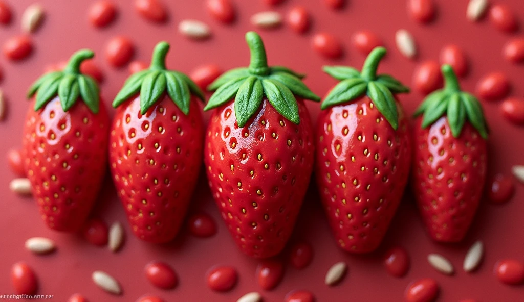 Strawberry Fields Nail Art: Turn your nails into a strawberry patch with this creative design. Each nail features a large, detailed strawberry in the center, complete with seeds and a green leafy top. The background is a deep red hue with tiny, scattered seeds to mimic the strawberry skin, creating a cohesive and rich design. For added dimension, the green leaves can extend slightly beyond the nail tips, creating a playful and realistic effect.









