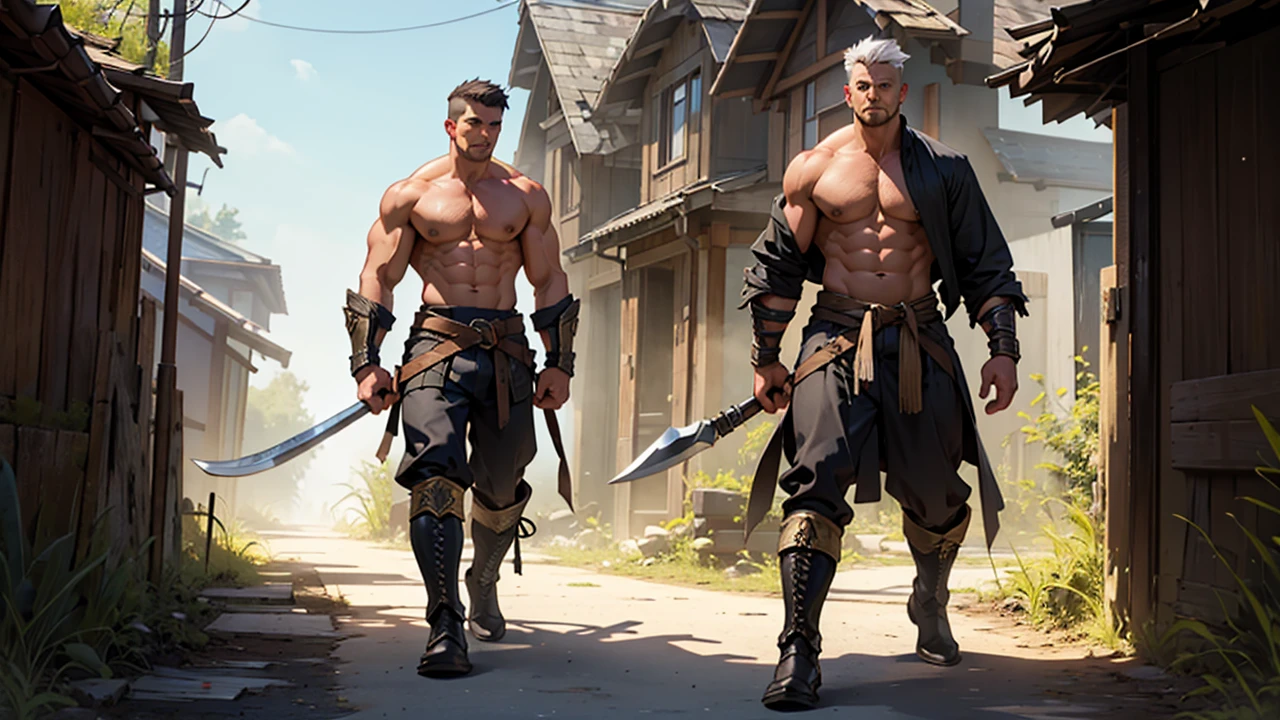 Strong shirtless male warrior in black boots holding big long ax