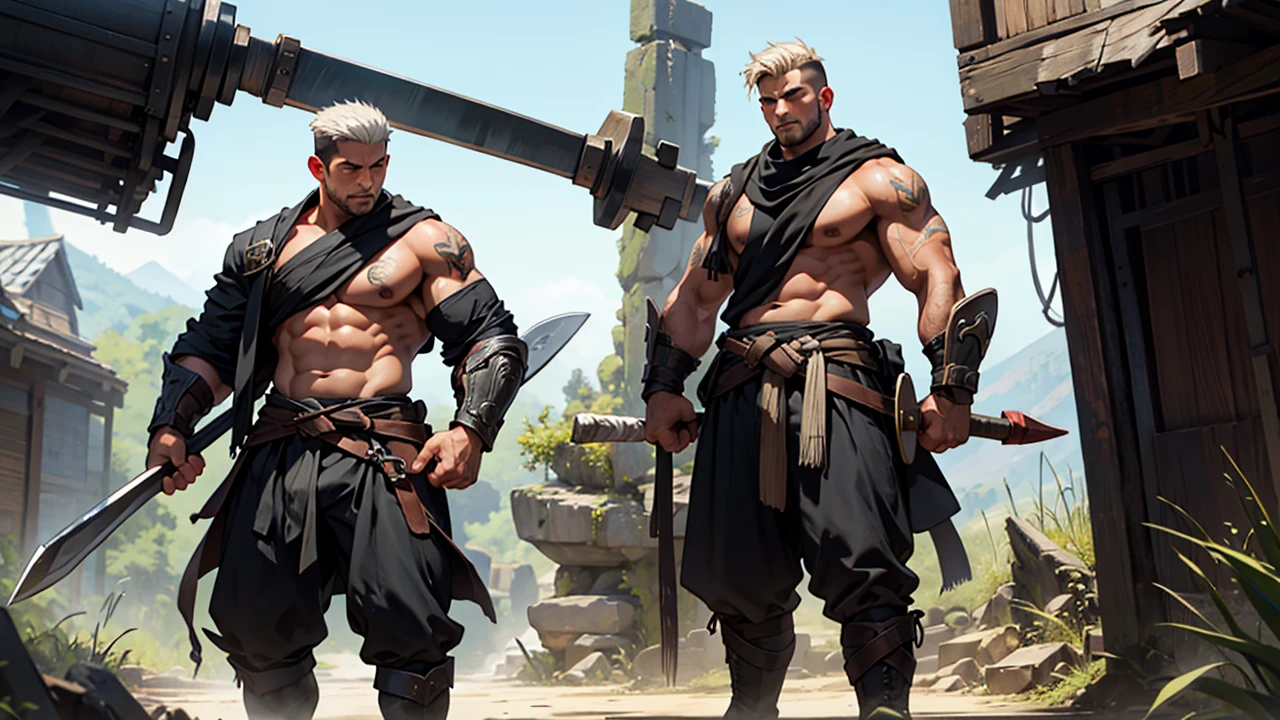 Strong shirtless male warrior in black boots holding big long ax