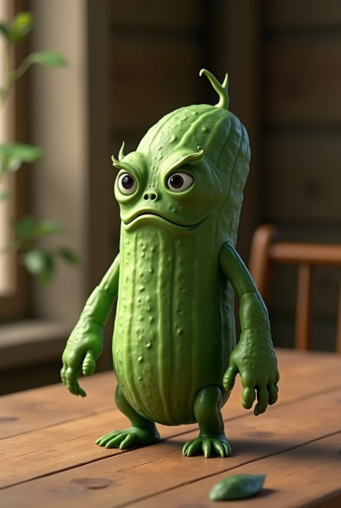 A figure monster made of cucumber is displayed on the table.