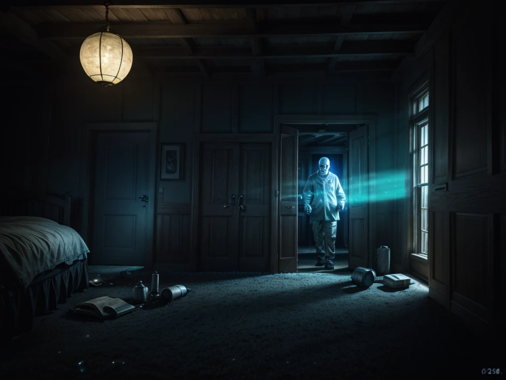 (3 Men:1, no light, no lamps, Moonlight from the window, Dark room:1), various positions in the room, one at the back by the door, in the middle a man with a walkie talkie, Flashlight in hand, Flashlight illuminates the room, Ghost Hunt, (evil spirit of a deceased person very blurred in the background, ghost to recognize in the photo), (design from the game Phasmophobia, items from the game Phasmophobia), old wooden house, Photo taken from a digital camera, amateur photo, blue filter due to poor camera quality