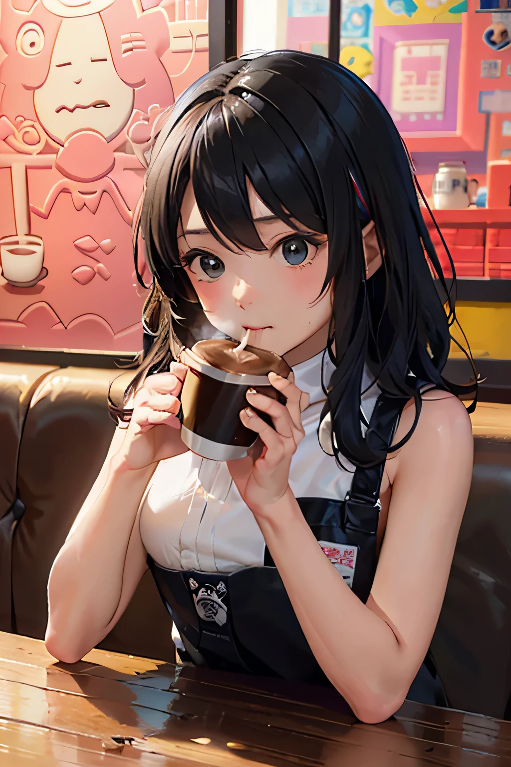 Keith Haring colorful style, Simple Line Initialism,Abstract art,Coffee shop, (((The most beautiful girl of all time))), Sweet face. Lips in love, colorful hearts, (((stylish design))), (((黒い瞳))), (((Drinking coffee)))