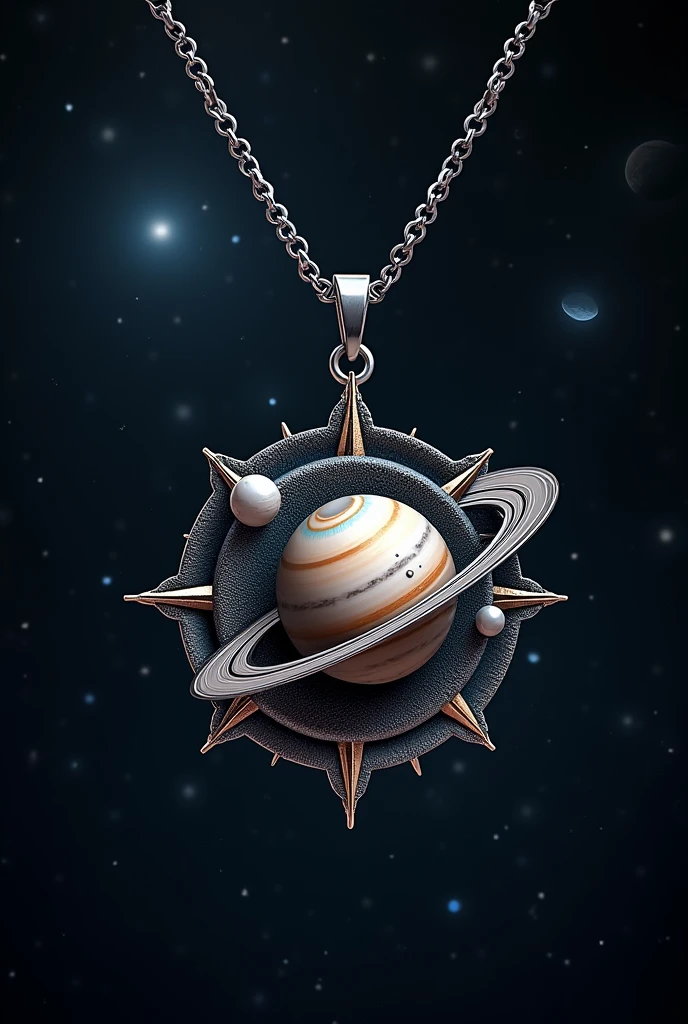Create an image of a silver necklace with a celestial design.
In the middle, place a ring representing the planet Saturn, with its characteristic rings.
Around Saturn, Add 8 triangles that simulate the sun's rays, creating a sun effect behind the planet.
About Saturn, place a design that resembles the planet Pluto, with two concentric stripes representing its ice caps.
Inside Pluto, add a crescent moon, symbolizing light and darkness.
The background must be black or dark blue, to represent space.
The style should be detailed and realistic., with textures and shadows that give depth to the image.
The necklace should look like an elegant and heavenly piece of jewelry.."