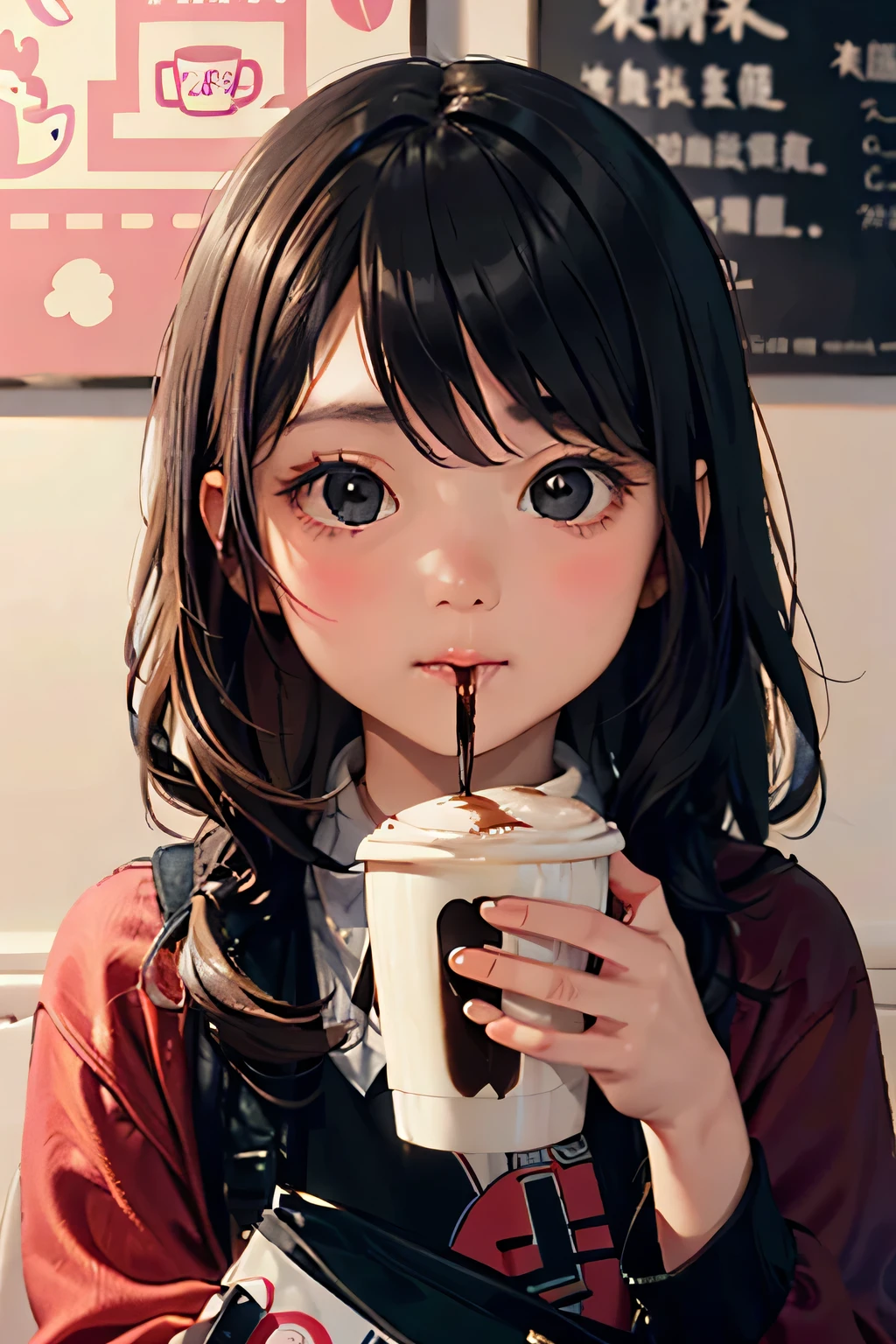 Keith Haring colorful style, Simple Line Initialism,Abstract art,Coffee shop, (((The most beautiful girl of all time))), Sweet face. Lips in love, colorful hearts, (((stylish design))), (((黒い瞳))), (((Drinking coffee)))