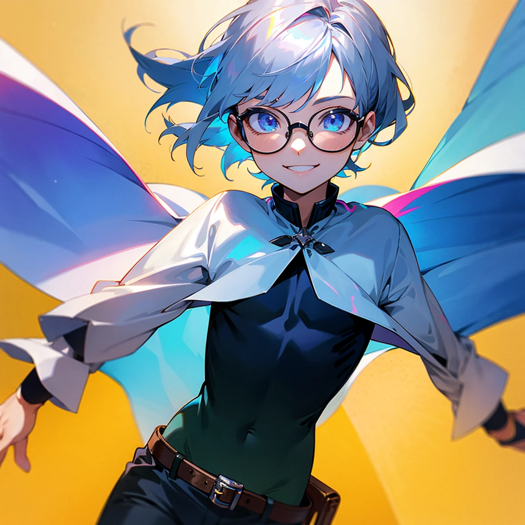 Male child, eye glasses,Cowboy Shots,A smile, silber hair,Daytime,Iridescent background,