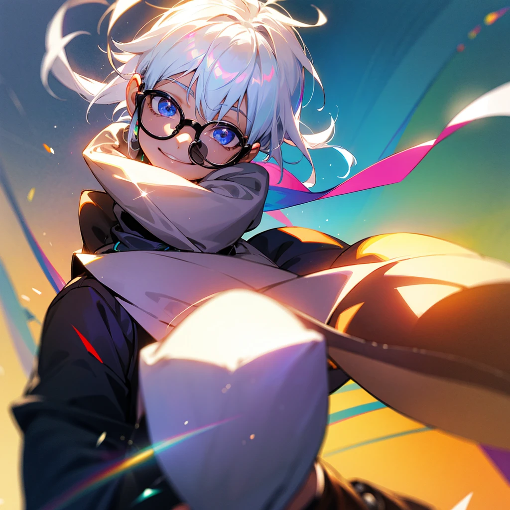 Male child, eye glasses,Cowboy Shots,A smile, silber hair，Daytime，Iridescent background，